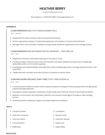 Claims Representative Resume