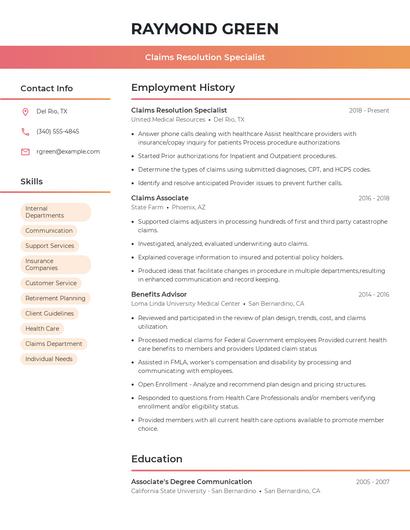 Claims Resolution Specialist Resume