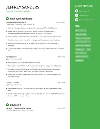 Claims Resolution Specialist Resume