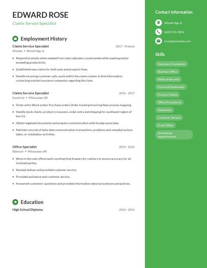 Claims Service Specialist Resume