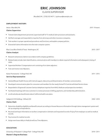 Claims Supervisor Resume