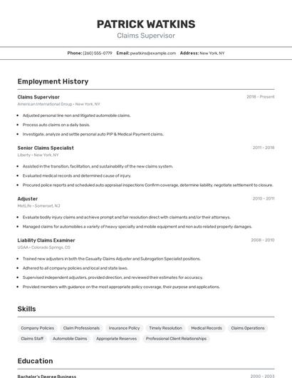 Claims Supervisor Resume