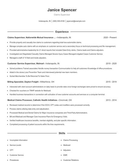 Claims Supervisor Resume