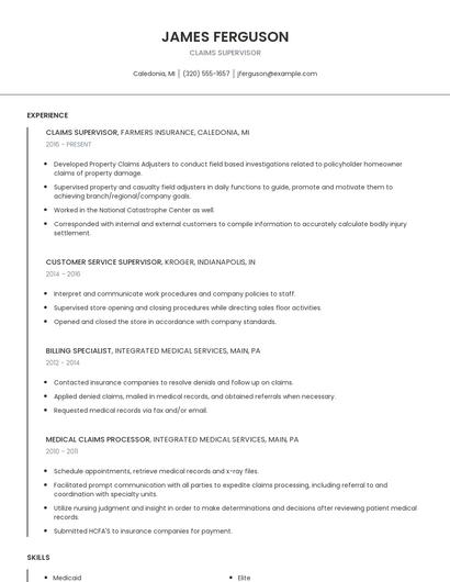 Claims Supervisor Resume