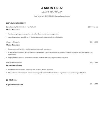Claims Technician Resume
