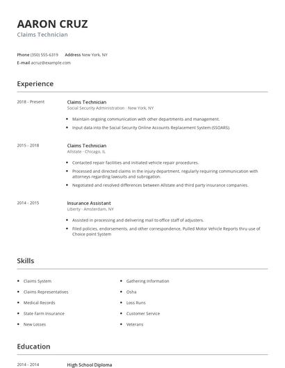 Claims Technician Resume