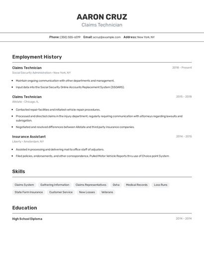 Claims Technician Resume