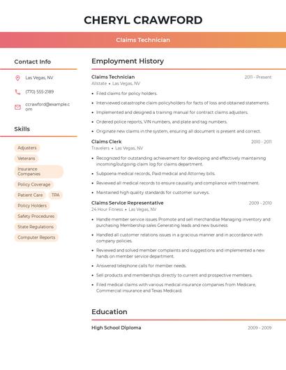 Claims Technician Resume