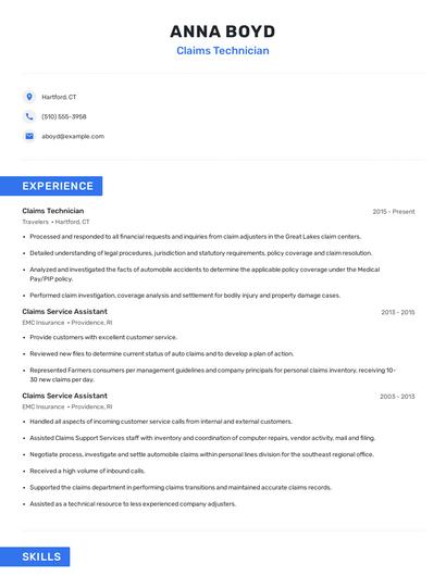 Claims Technician Resume
