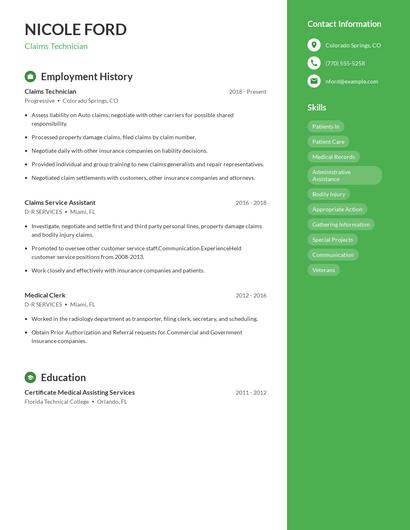 Claims Technician Resume