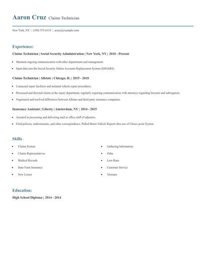 Claims Technician Resume