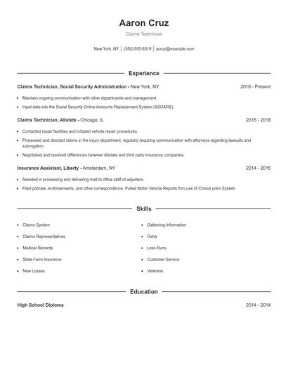 Claims Technician Resume