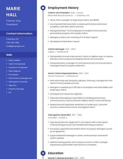 Claims Vice President Resume