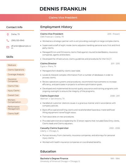 Claims Vice President Resume
