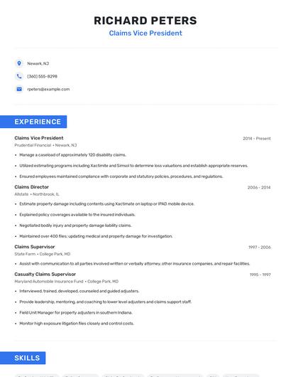 Claims Vice President Resume