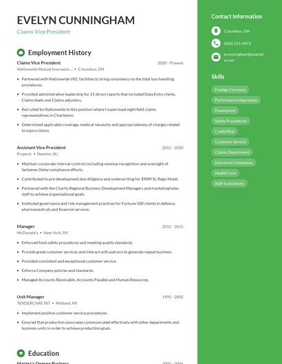 Claims Vice President Resume