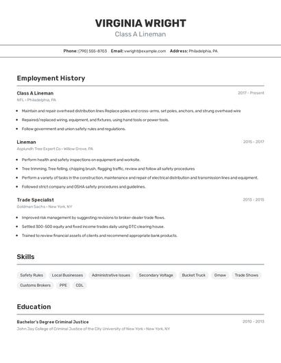Class A Lineman Resume