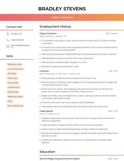 Class A Lineman Resume