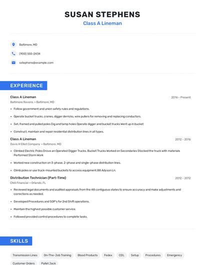Class A Lineman Resume