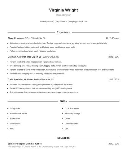 Class A Lineman Resume