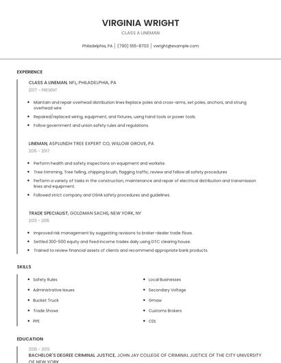 Class A Lineman Resume