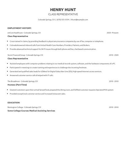 Class Representative Resume