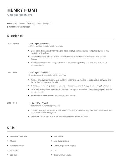 Class Representative Resume