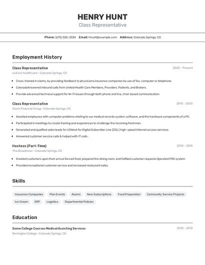 Class Representative Resume