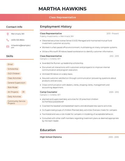 Class Representative Resume