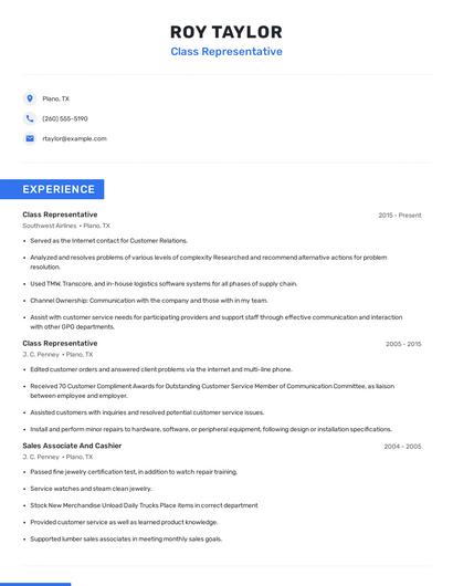 Class Representative Resume