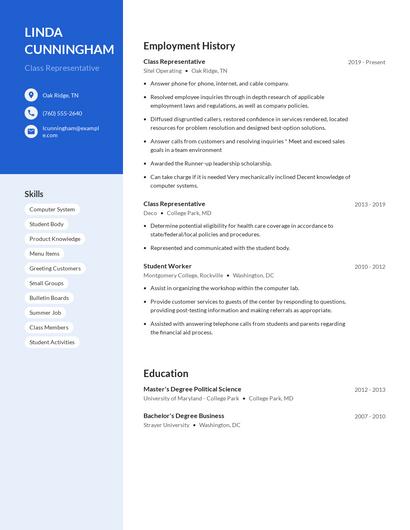 Class Representative Resume