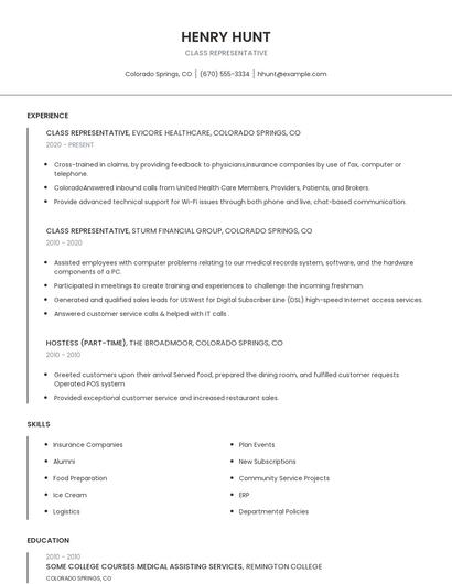 Class Representative Resume