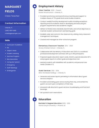 Class Teacher Resume