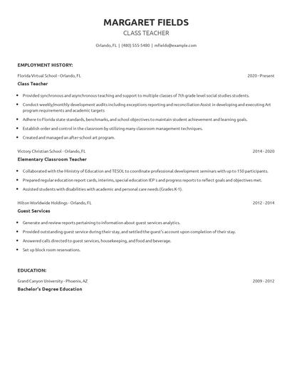 Class Teacher Resume