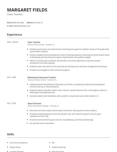 Class Teacher Resume