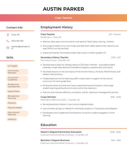 Class Teacher Resume