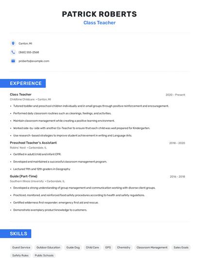 Class Teacher Resume