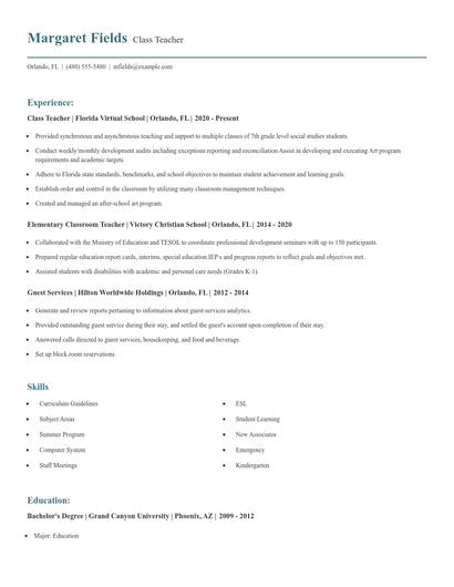 Class Teacher Resume