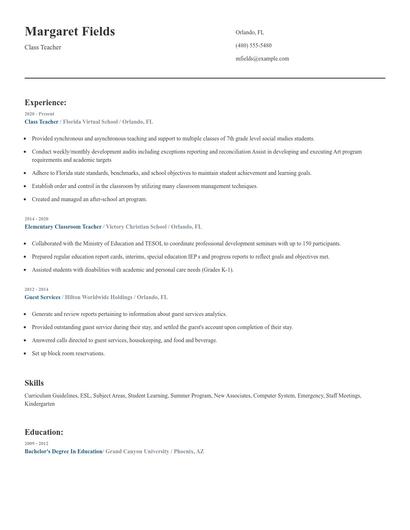 Class Teacher Resume