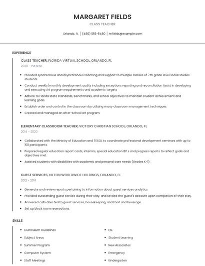 Class Teacher Resume