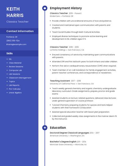 Classics Teacher Resume