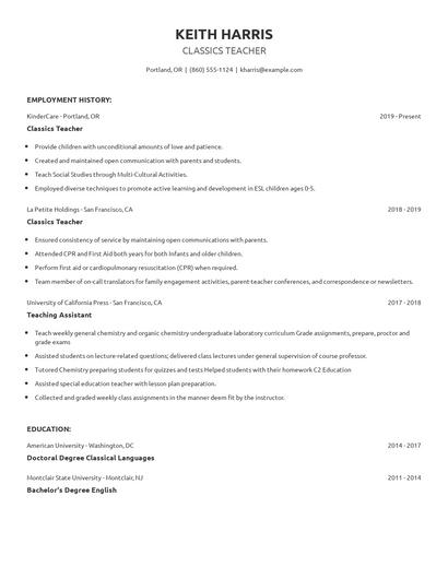 Classics Teacher Resume