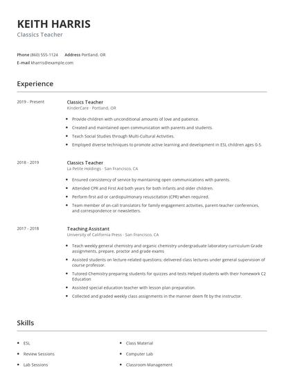 Classics Teacher Resume