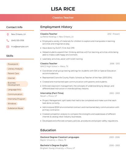 Classics Teacher Resume