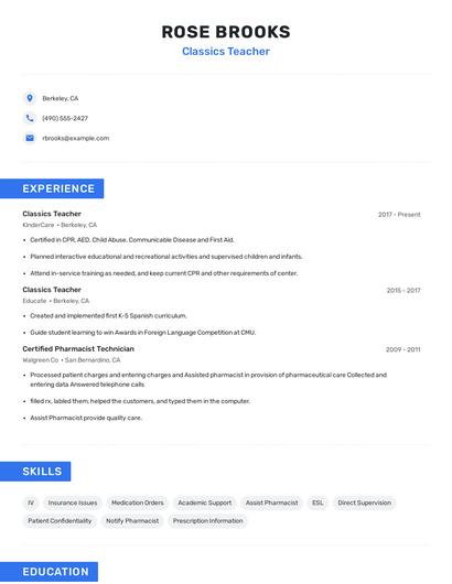 Classics Teacher Resume