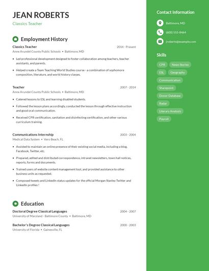 Classics Teacher Resume