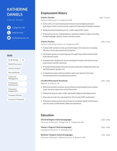 Classics Teacher Resume