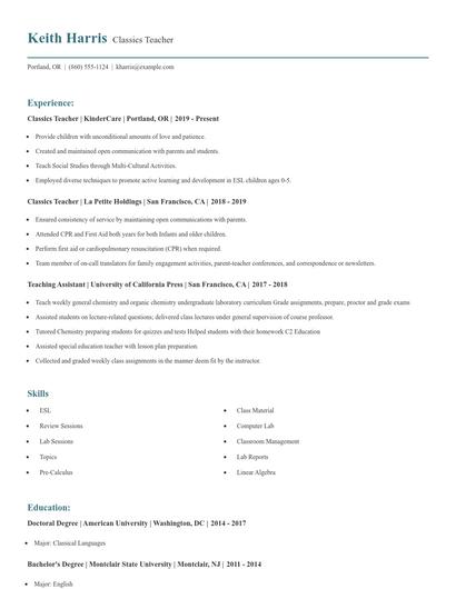 Classics Teacher Resume