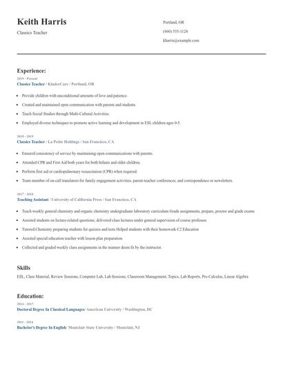 Classics Teacher Resume