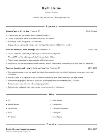 Classics Teacher Resume